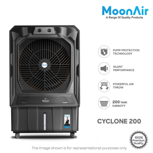 MoonAir Plastic Cyclone 200 L Personal Air Cooler For Home, Hi-efficiency For Powerful With Auto Swing, 4-Way Air Deflection and Powerful Air Throw With High-Density Honeycomb pads, Air Cooler, Personal Cooler, Commercial Air Cooler, Personal Water Cooler; Premium Black